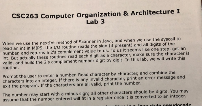  This is MIPS lab CSC263 Computer Organization & Architecture I Lab