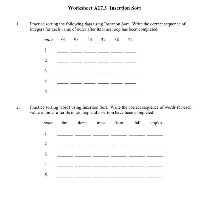 using Bubble Sort. Write the correct sequence of words for each value