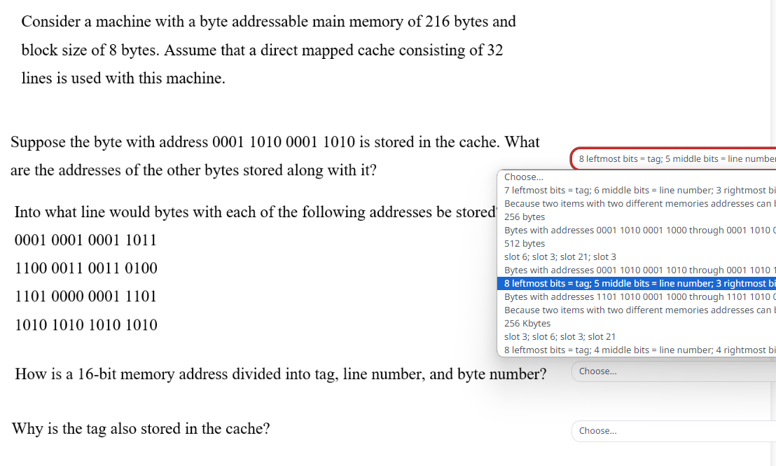  How is a 16-bit memory address divided into tag, line number,