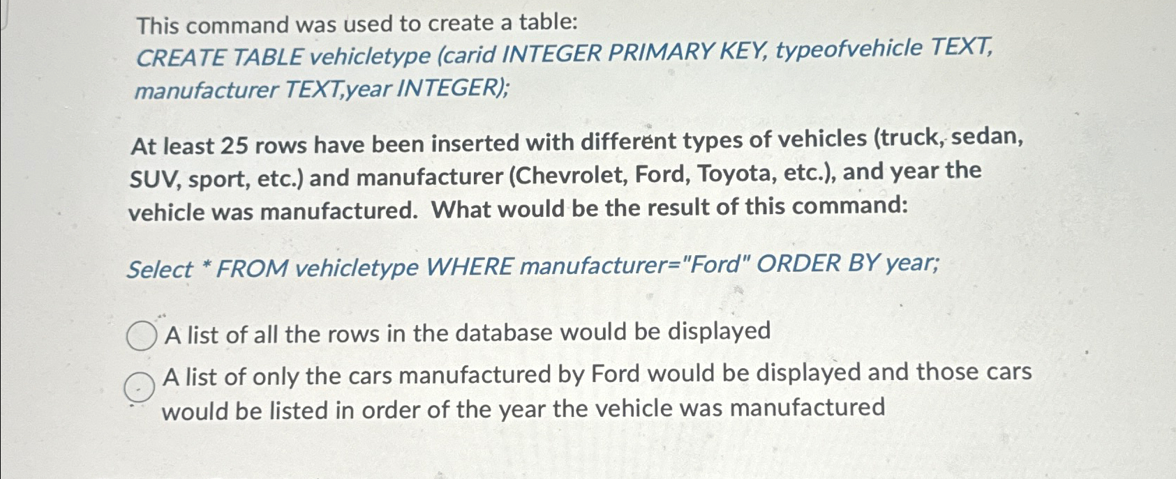  This command was used to create a table: CREATE TABLE vehicletype