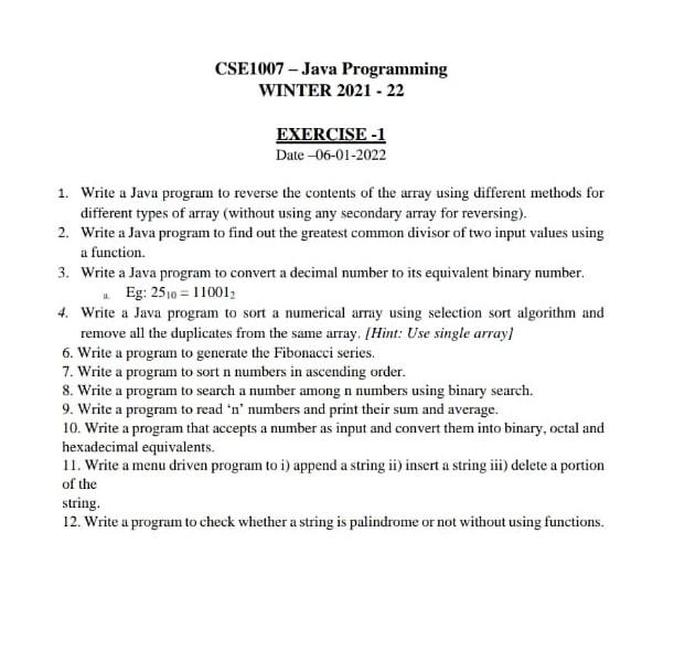  in java language. please share the codes. CSE1007 - Java Programming