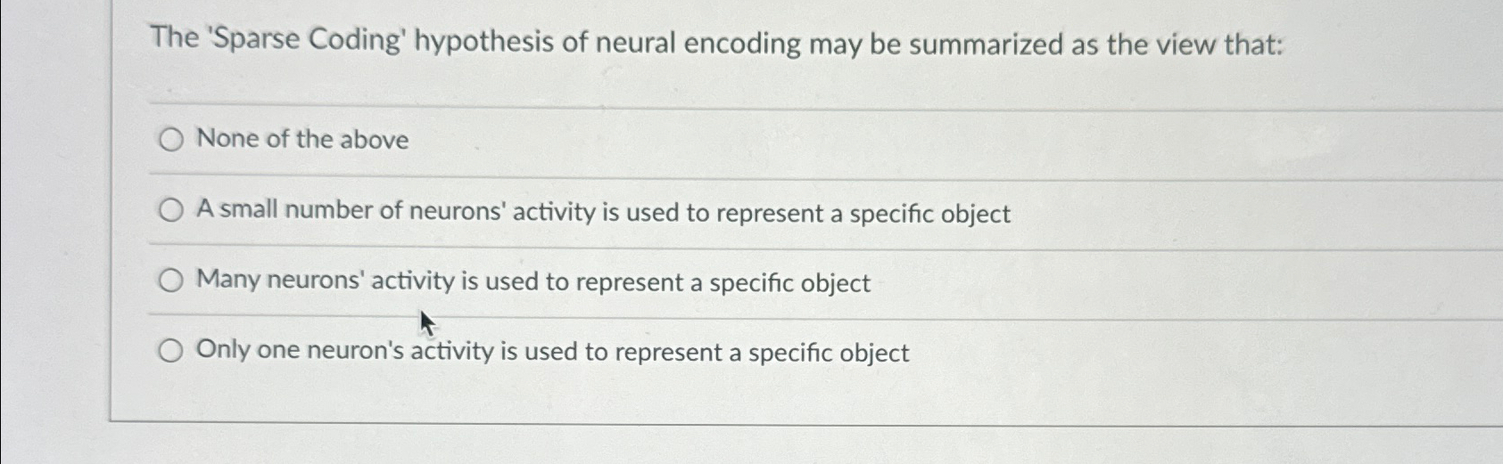  The 'Sparse Coding' hypothesis of neural encoding may be summarized as