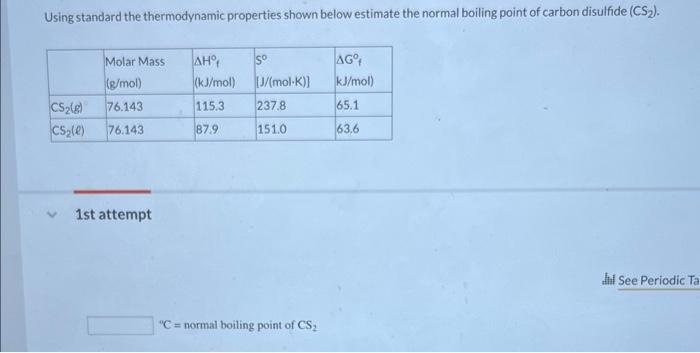  Using standard the thermodynamic properties shown below estimate the normal boiling