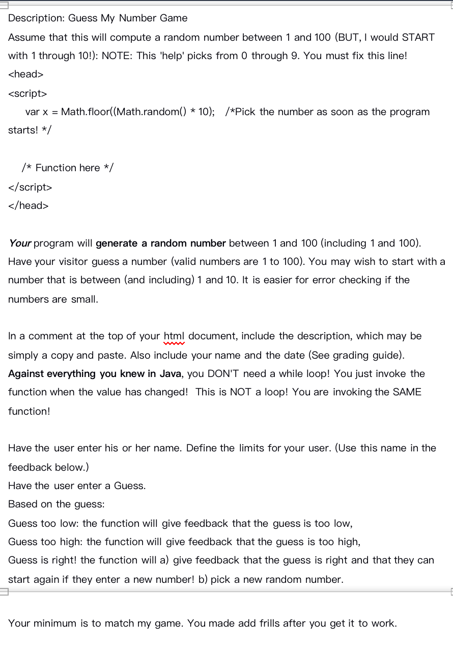 Program in javascript html undefined Description: Guess My Number Game Assume that