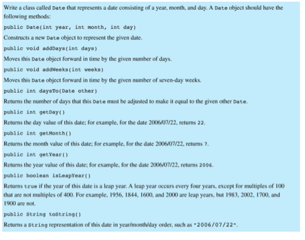 Write the solution in Java. See below for question. Write a class