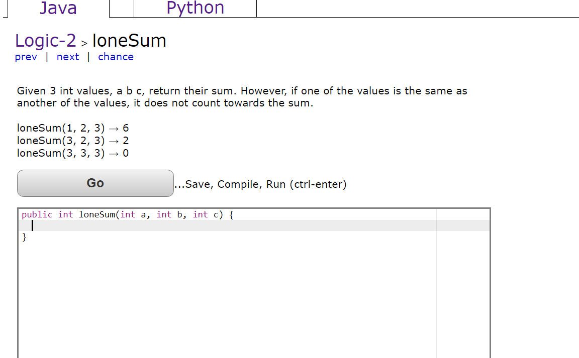  Java Python Logic-2 > loneSum prev next | chance Given 3