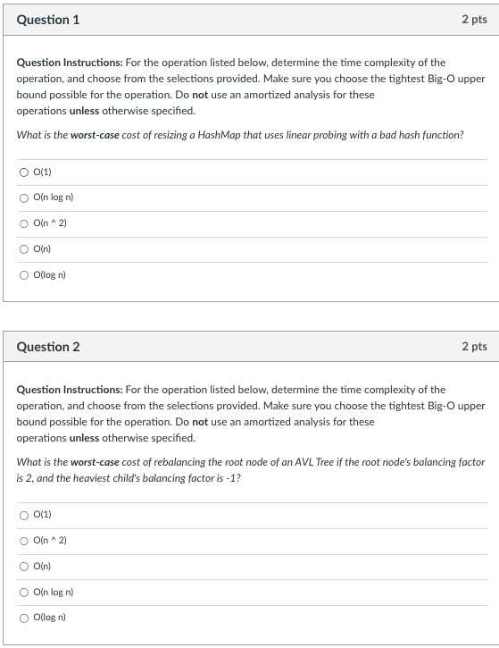 Question Instructions: For the operation listed below, determine the time complexity