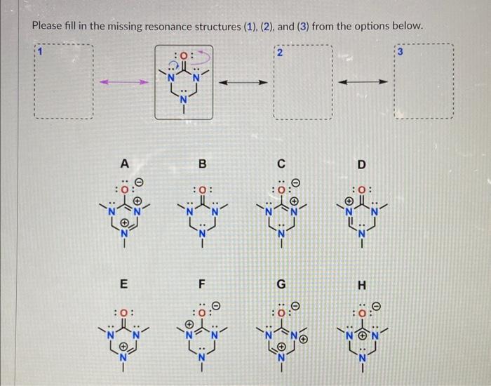fill in the missing resonance structures (1), (2), and (3) from the