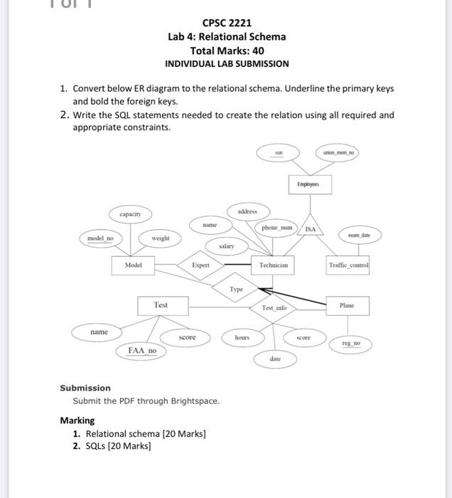  CPSC 2221 Lab 4: Relational Schema Total Marks: 40 INDIVIDUAL LAB