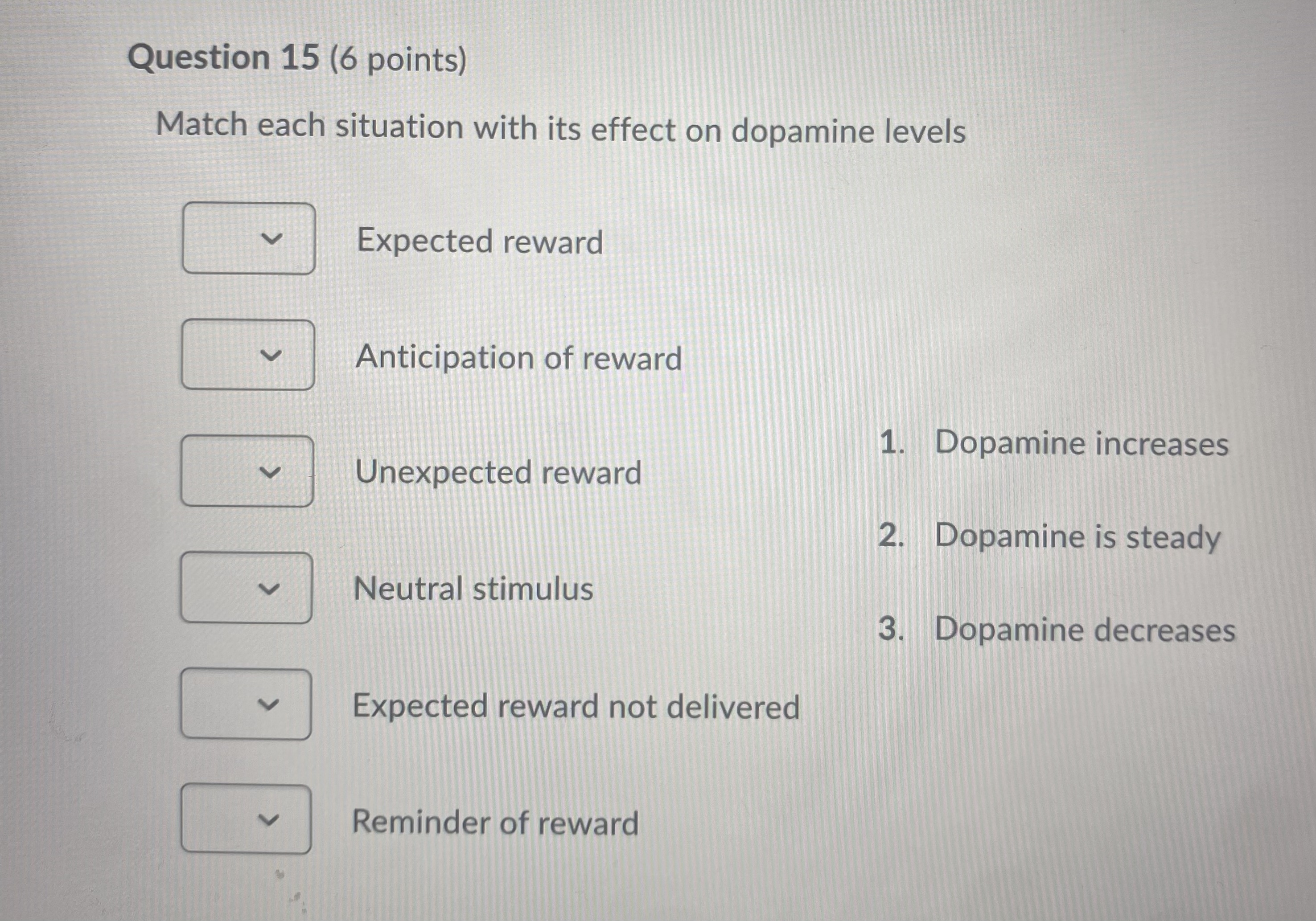  Question 15(6 points) Match each situation with its effect on dopamine