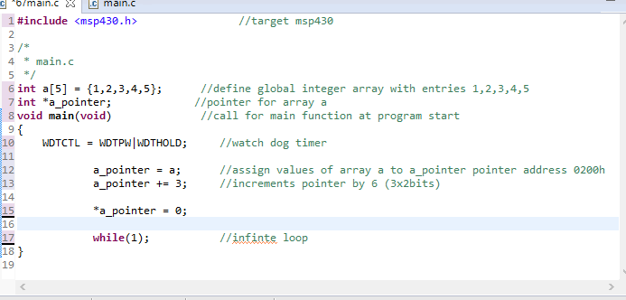 2. Use CCSv7 to implement the code in Listings 6.7 using MSP430