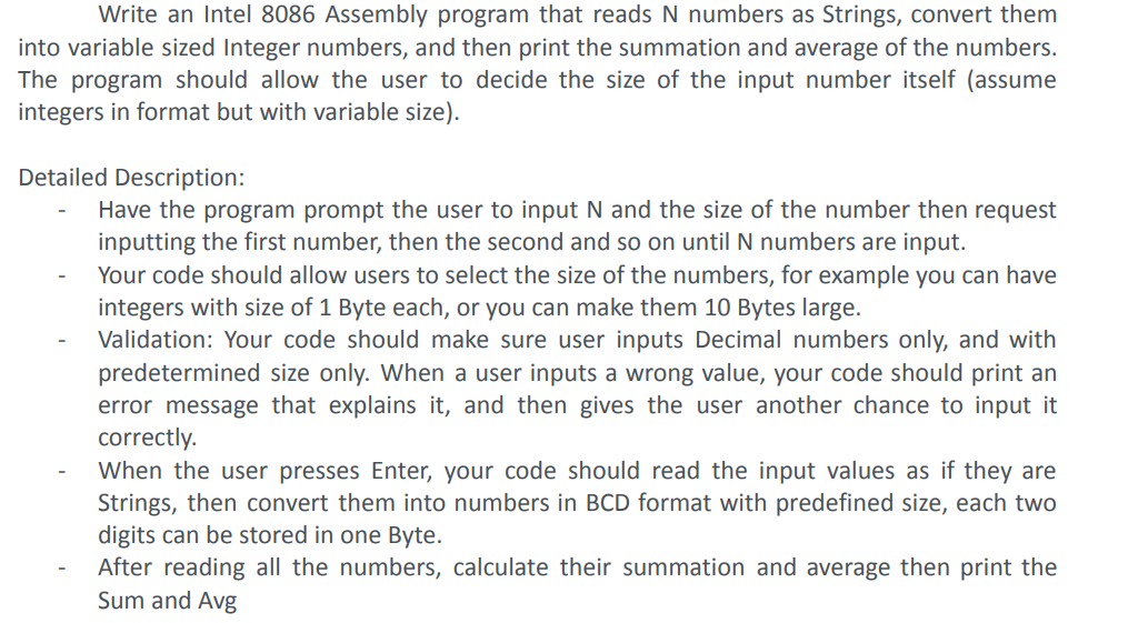  Write an Intel 8086 Assembly program that reads N numbers as