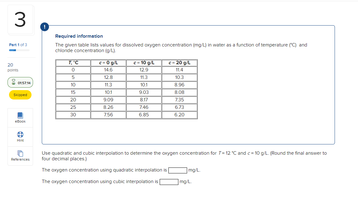 Required information The given table lists values for dissolved oxygen concentration
