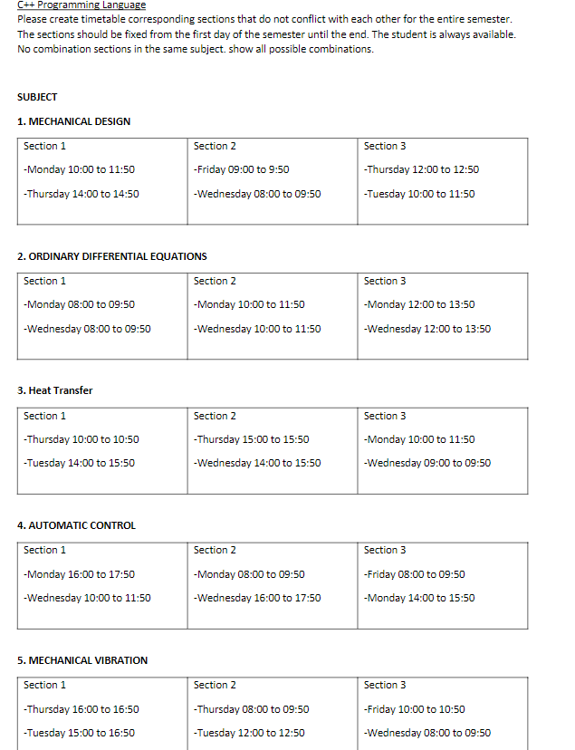  C++ Programming Language Please create timetable corresponding sections that do not