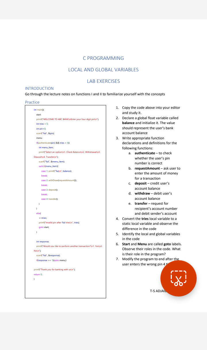  C PROGRAMMING LOCAL AND GLOBAL VARIABLES LAB EXERCISES INTRODUCTION Go through