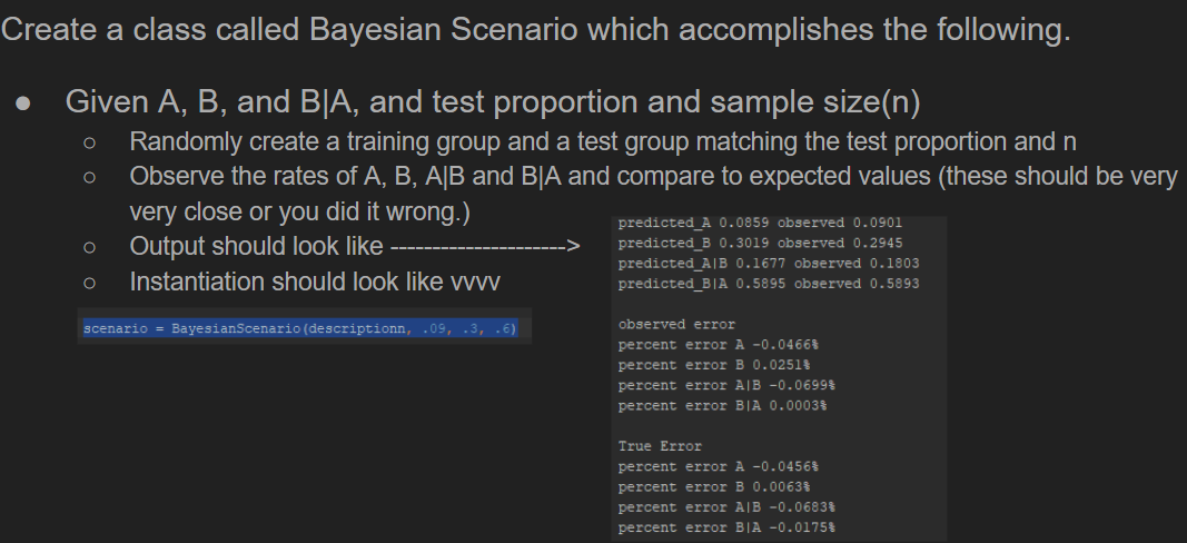 Using python to create a class called Bayesian Scenario which accomplishes the