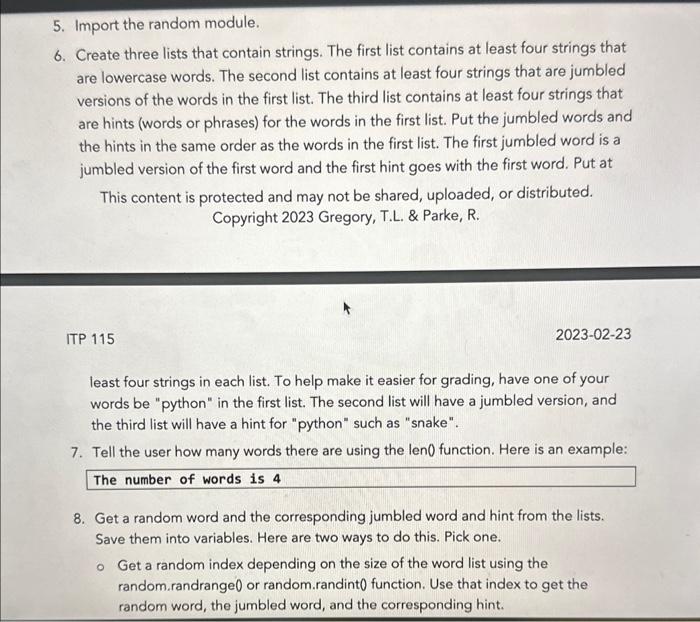 program that uses lists, string processing, and loops. Assignment Description Write a