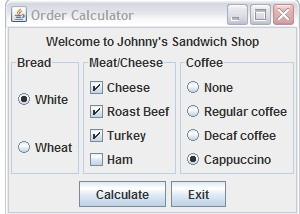 Create a JAVA graphics program that displays an order menu and bill