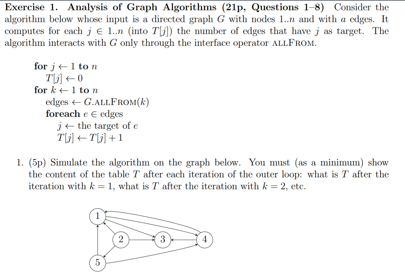  Exercise 1. Analysis of Graph Algorithms (21p, Questions 1-8) Consider the