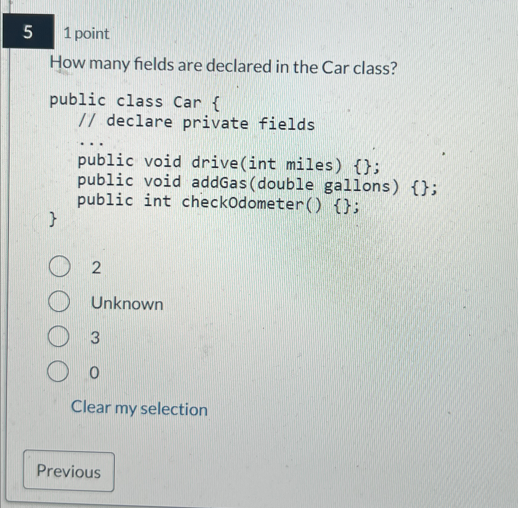  51 point How many fields are declared in the Car class?