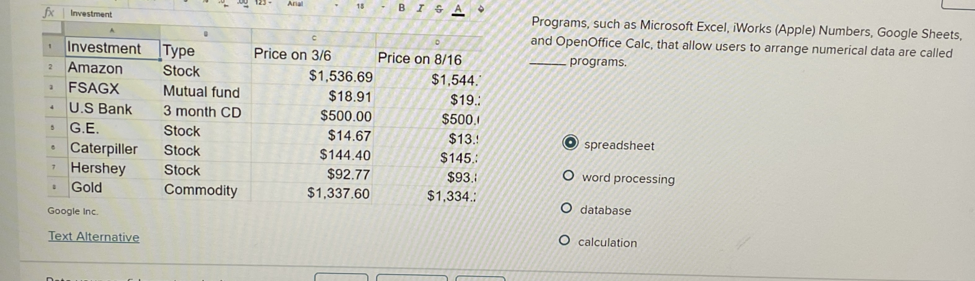  Programs, such as Microsoft Excel, iWorks (Apple) Numbers, Google Sheets, and