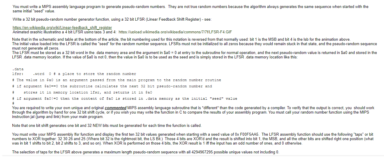  You must write a MIPS assembly language program to generate pseudo-random