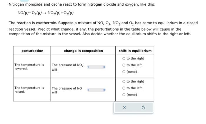 using lechateliers Nitrogen monoxide and ozone react to form nitrogen dioxide and