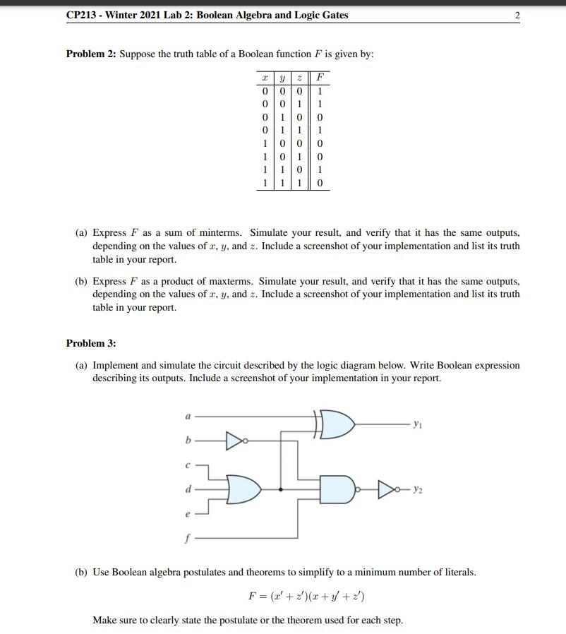  CP213 - Winter 2021 Lab 2: Boolean Algebra and Logic Gates