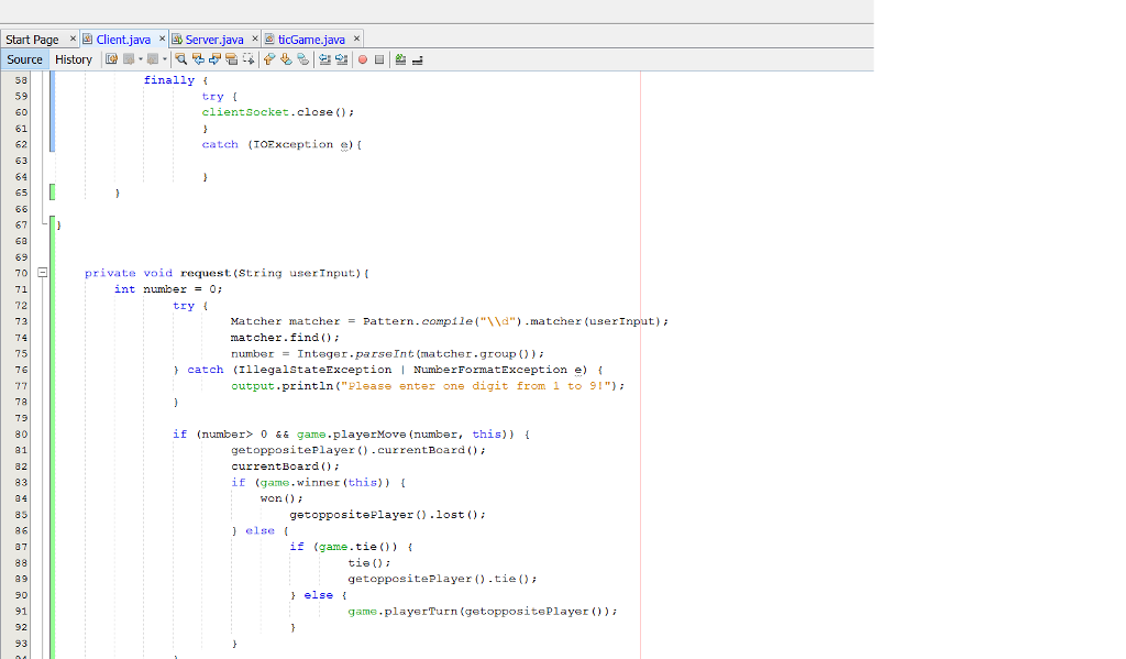 Start Page x Client.java x ls Server.java x ticGame java x Source