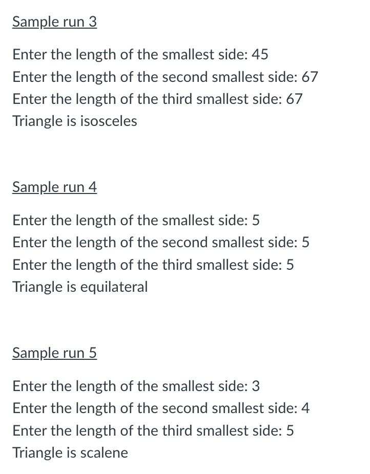 lengths of the 3 sides (integers only) of a triangle (smallest to
