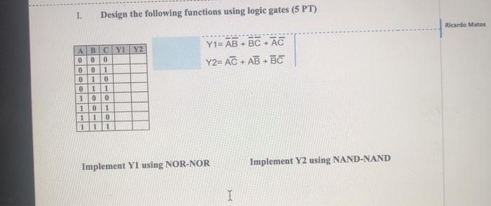  1. Design the following functions using logic gates (5 PT) Ricardo