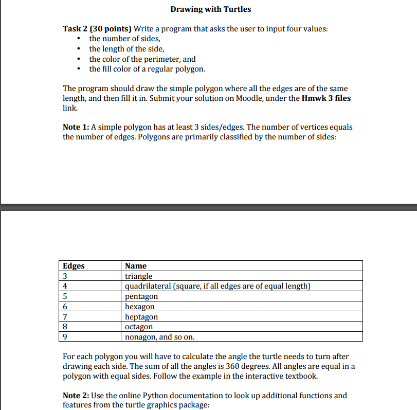 (python)Write the function Drawing with Turtles Task 2 (30 points) Write a