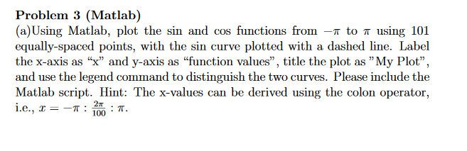  including code please Problem 3 (Matlab) (a)Using Matlab, plot the sin