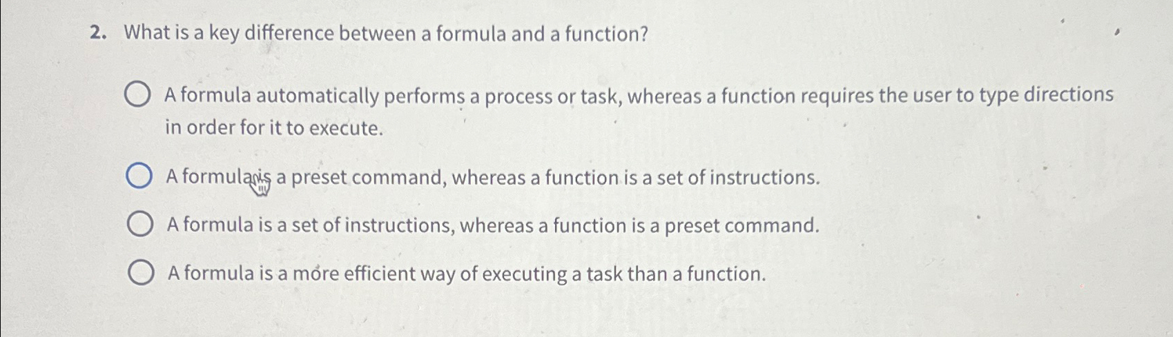  What is a key difference between a formula and a function?