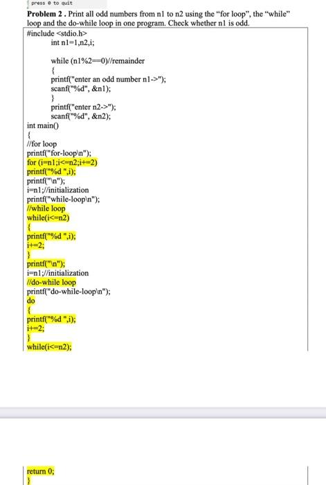  Problem 2 . Print all odd numbers from n1 to 2