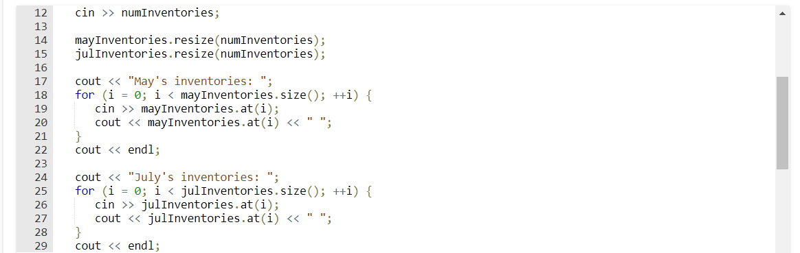 integers are read and stored in vector maylnventories, and numinventories integers are