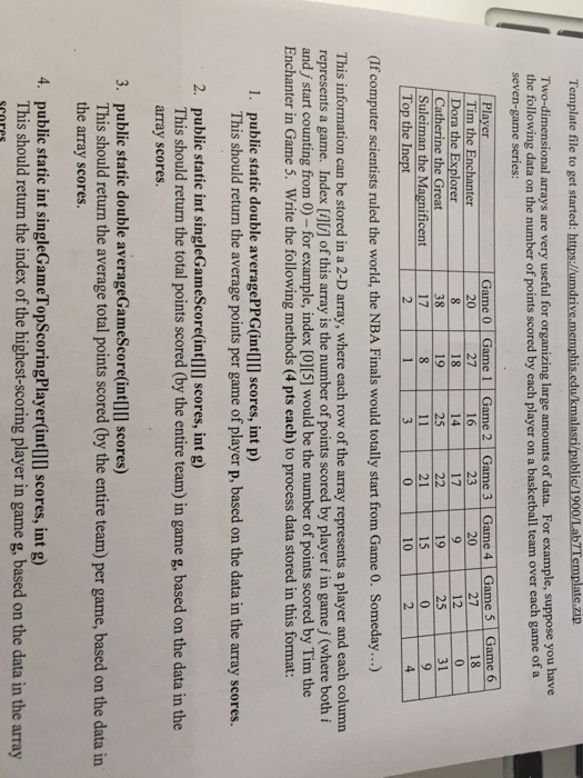  Template file to get started: https://umdrive.memphis.edu/kmalasri/public/ 1900/Lab7Template.zip Two-dimensional arrays are very