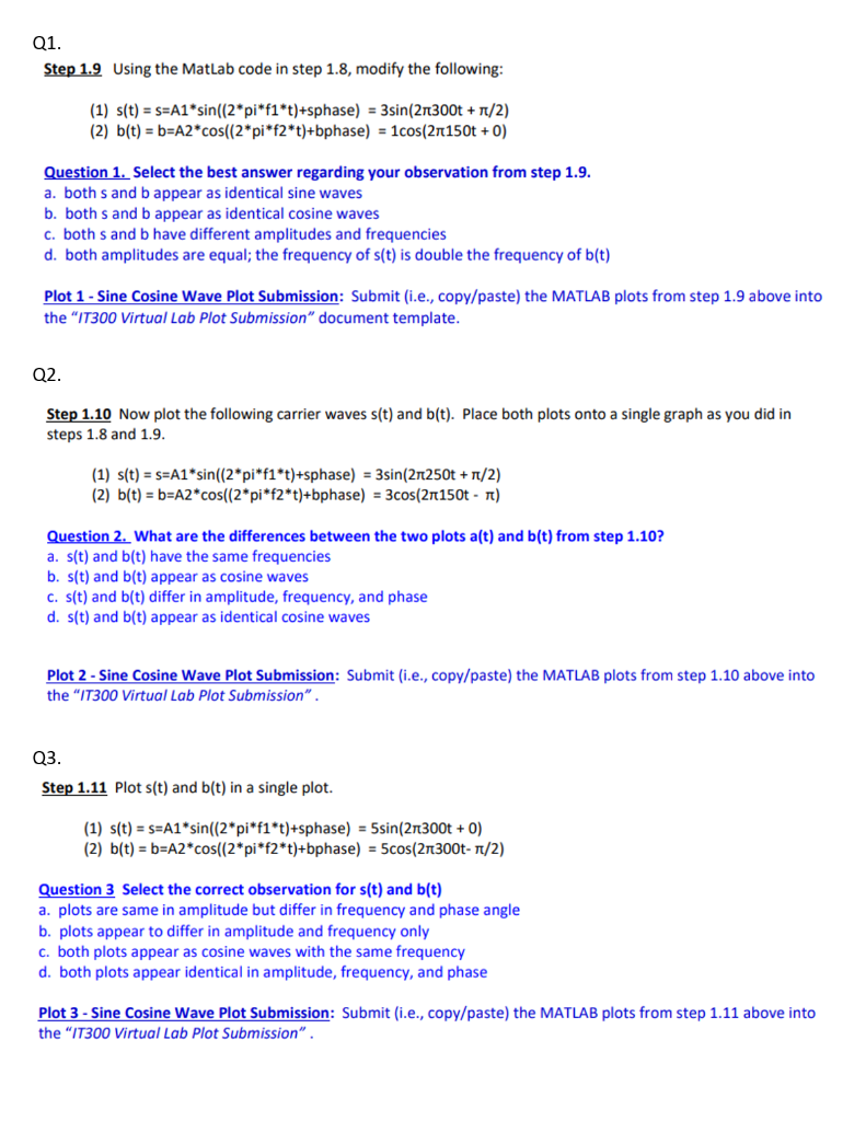 Q1. Step 1.9 Using the MatLab code in step 1.8, modify