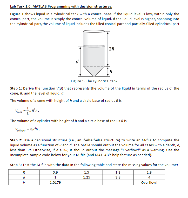  Lab Task 1.0: MATLAB Programming with decision structures. Figure 1 shows