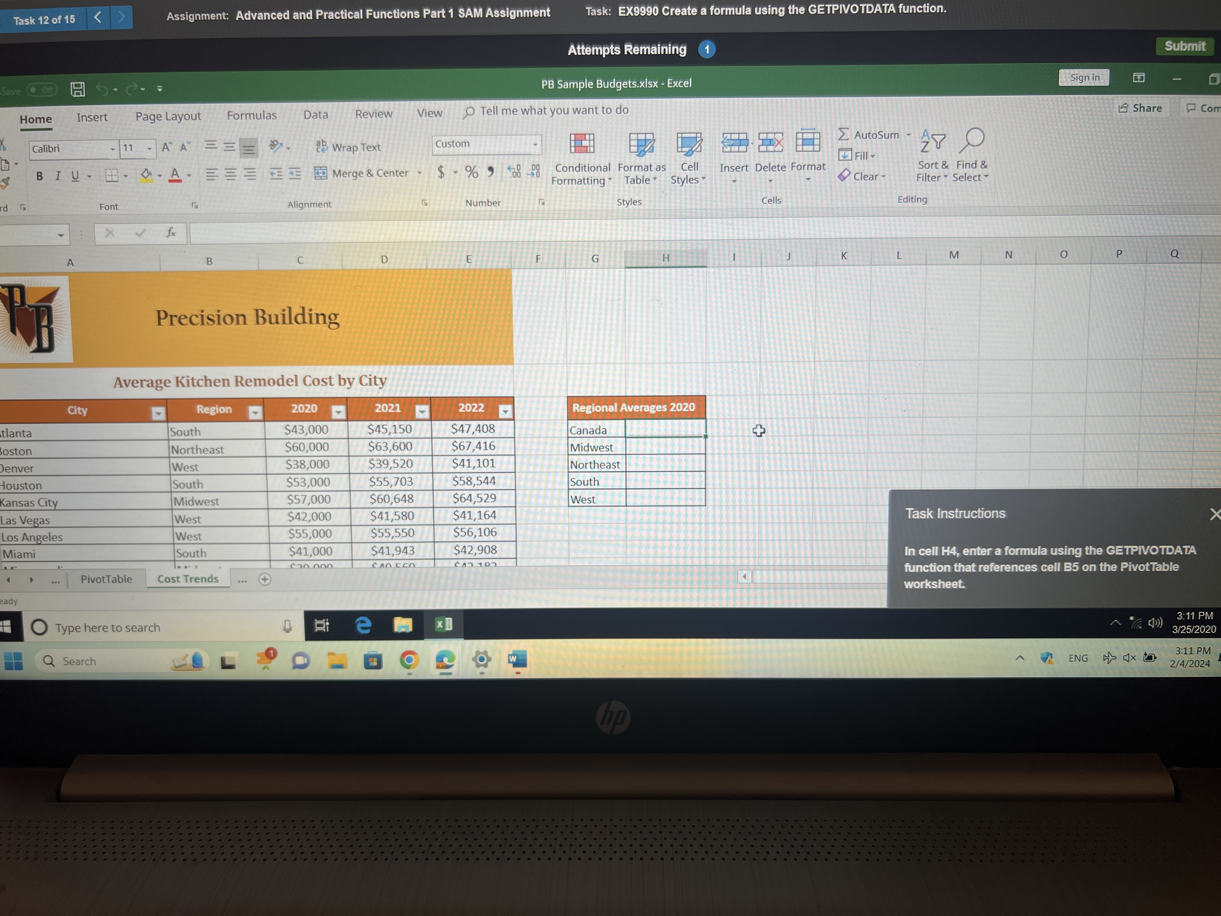  Task Instructions In cell H4, enter a formula using the CEITIVOTDATA