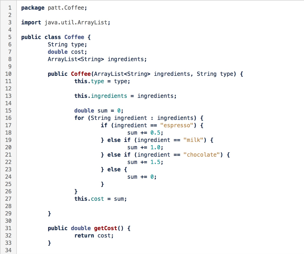 return price; } } public static enum Ingredient { ESPRESSO(0.5), MILK(1), CHOCOLATE(1.5);