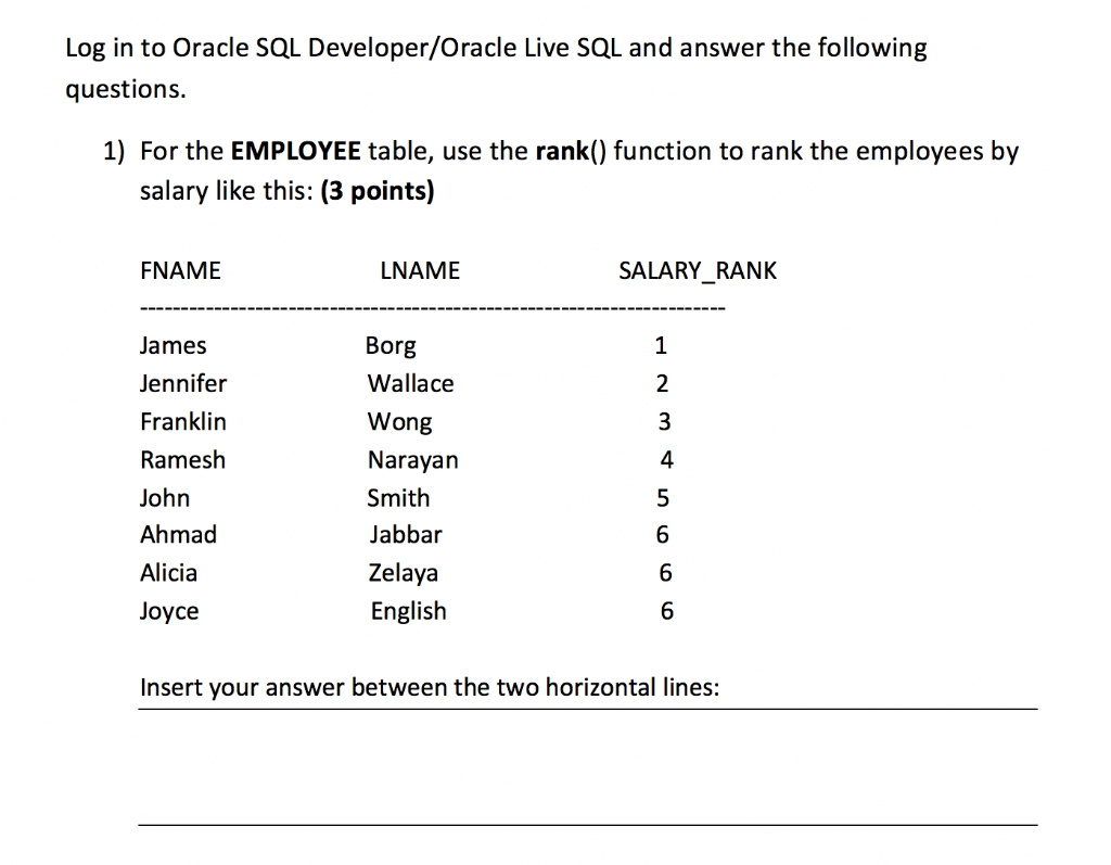  Log in to Oracle SQL Developer/Oracle Live SQL and answer the