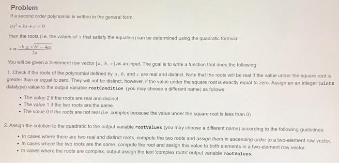 Problem If a second order polynomial is written in the general