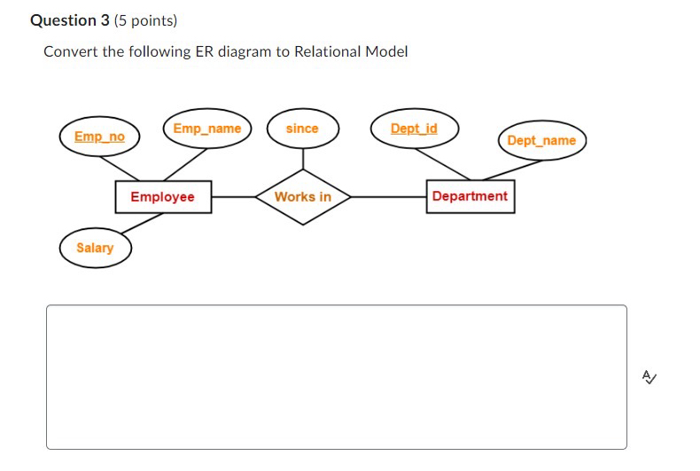  Question 3(5 points) Convert the following ER diagram to Relational Model