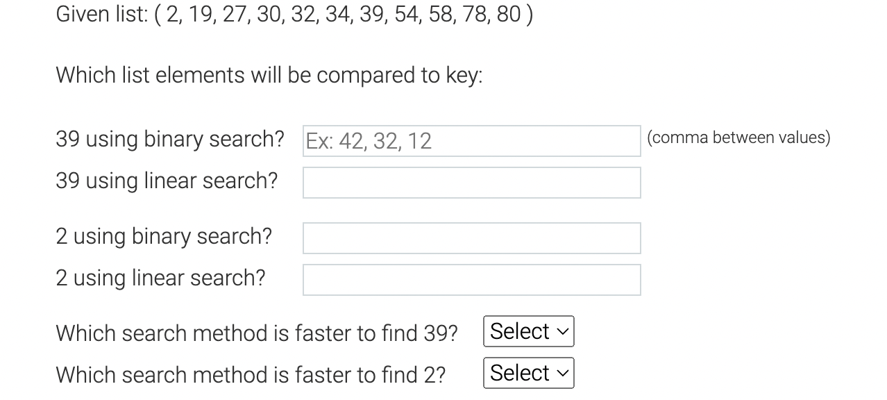  Given list: ) Which list elements will be compared to key: