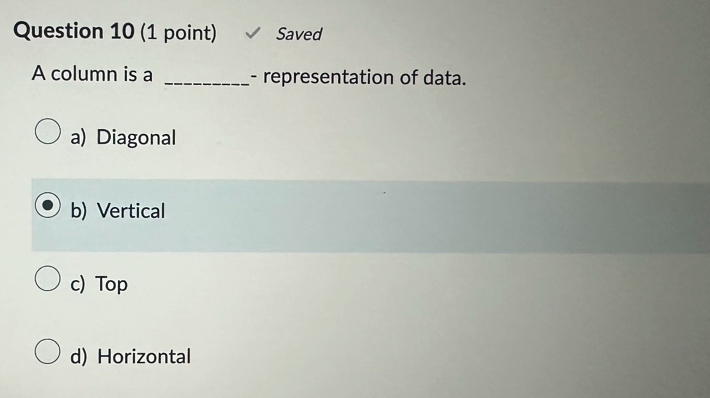  Question 10(1 point) A column is a representation of data. a)