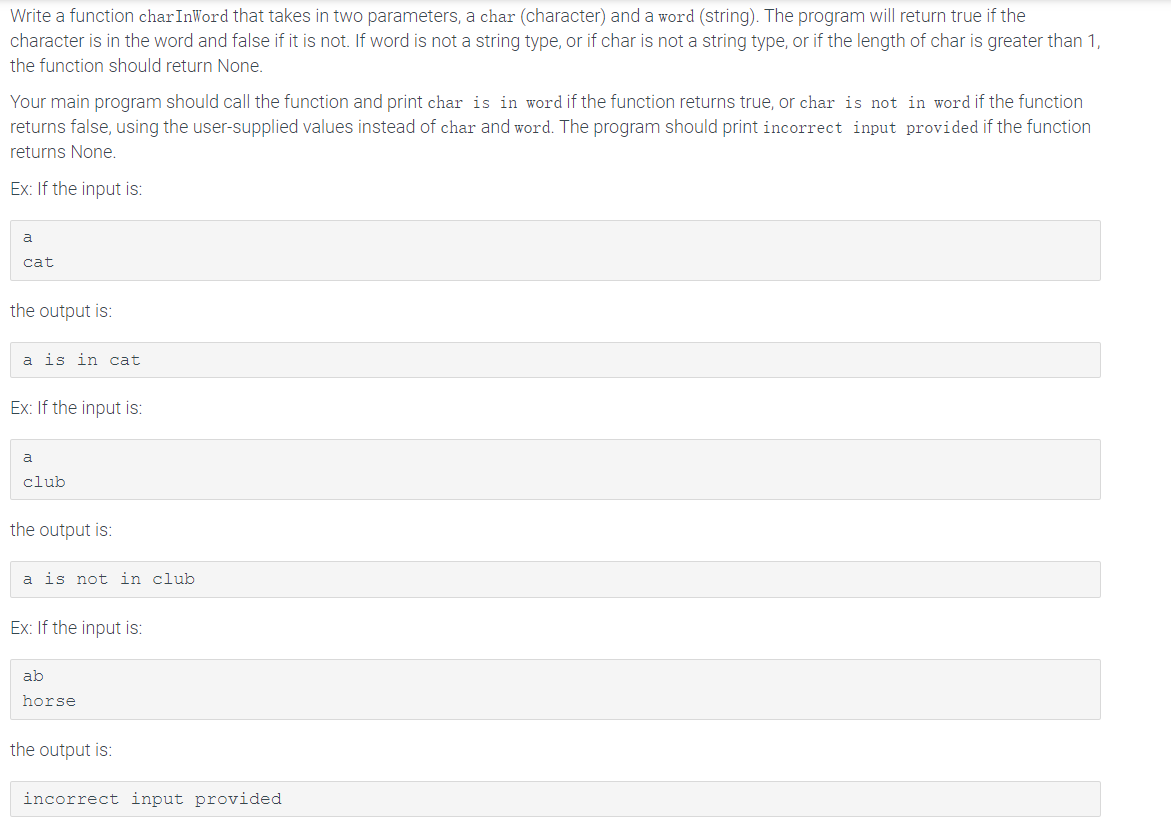 write by python Write a function char InWord that takes in two