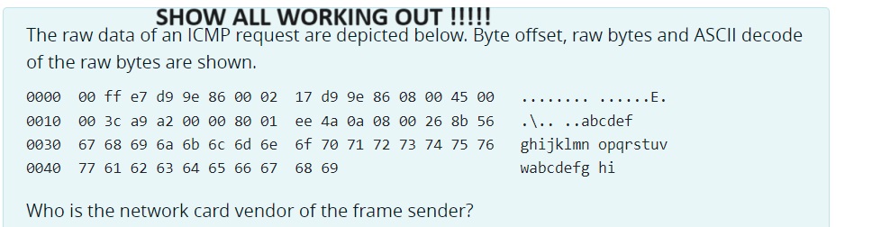  SHOW ALL WORKING OUT !!!!! The raw data of an ICMP