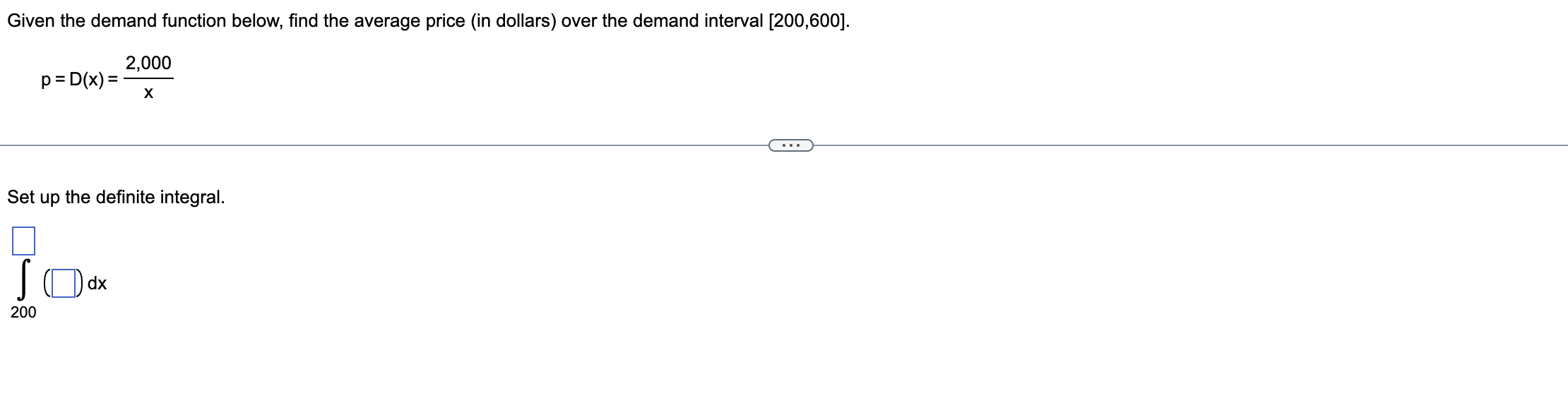 Given the demand function below, find the average price (in dollars)