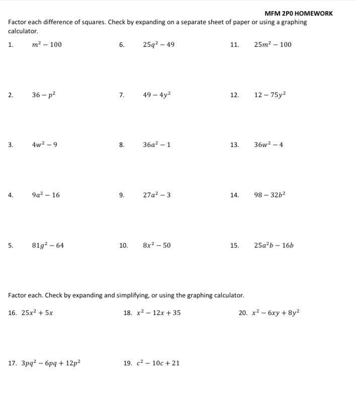 of squares) 1. 7a' + 14a + 49a3 6. x2 - 2x